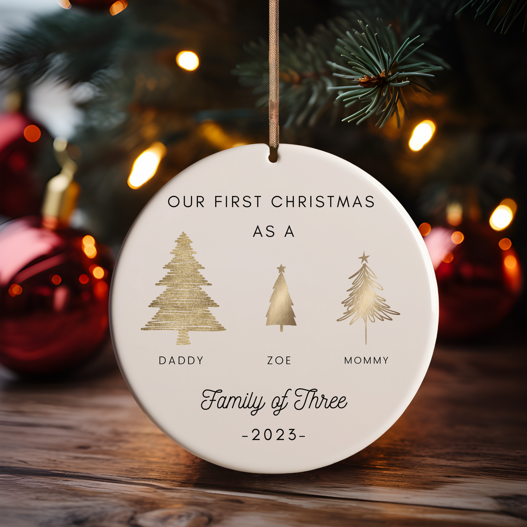 Our First Christmas (Family of Three) - Gold Christmas Tree